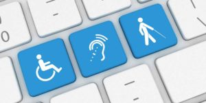 Accessibility Symbols: Keyboard, Wheelchair Icon, Hearing Aid, Elderly Person with Cane