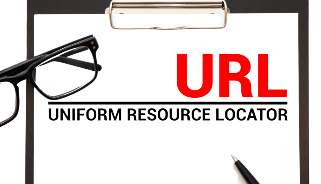 Image of the acronym 'URL' with 'Uniform Resource Locator' written underneath, accompanied by glasses and a pen.