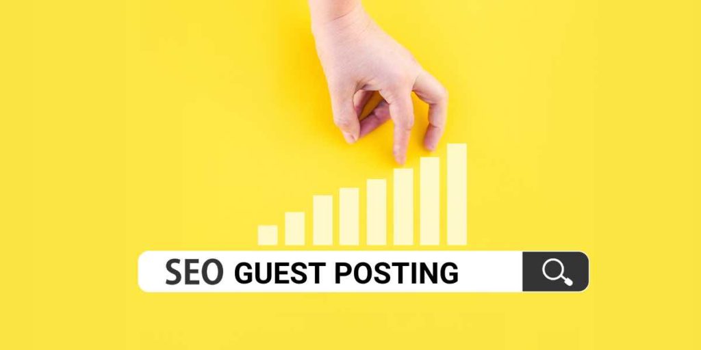 Search bar with the text 'SEO Guest Posting' and a progressively growing signal bar icon, symbolizing the increasing importance of SEO strategies in guest posting.