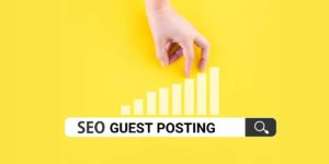 Search bar with the text 'SEO Guest Posting' and a progressively growing signal bar icon, symbolizing the increasing importance of SEO strategies in guest posting.