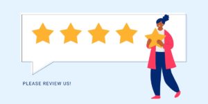 A person placing the 5th star on a graphic design rating, symbolizing a 5-star review.