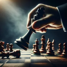 A decisive hand moving a queen chess piece, symbolizing strategic business victory.