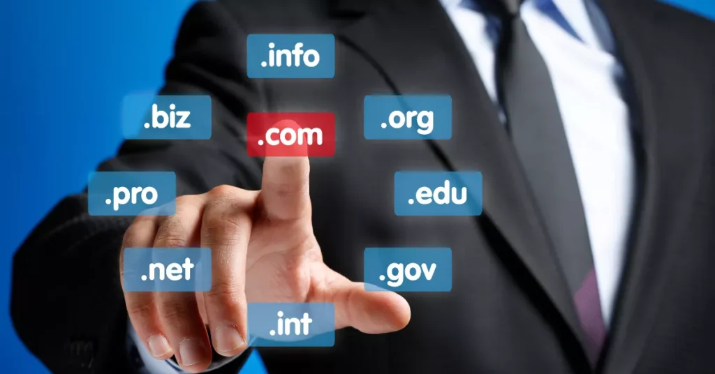 A businessman selecting a domain name from various online TLD options.