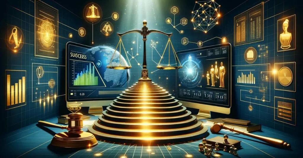 Sophisticated law scales and gavel against a backdrop of digital growth charts and global connectivity
