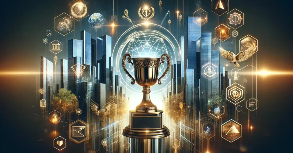 Golden trophy and justice scale in a digitally enhanced, law-focused atmosphere.